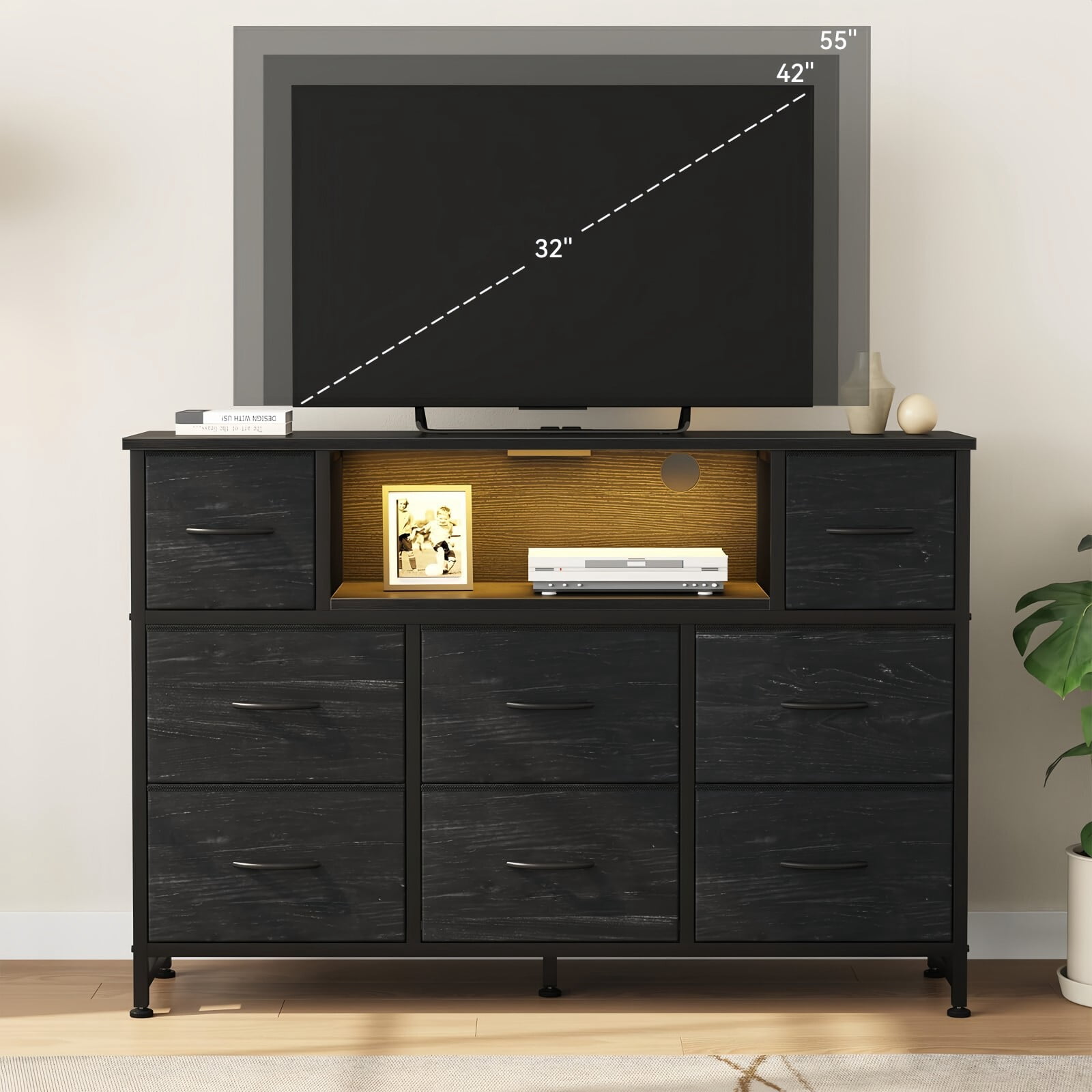 Kelno TV Stand Dresser with 8 Fabric Drawers Open Shelf LED Lights AC USB Charging Station, Wood Black