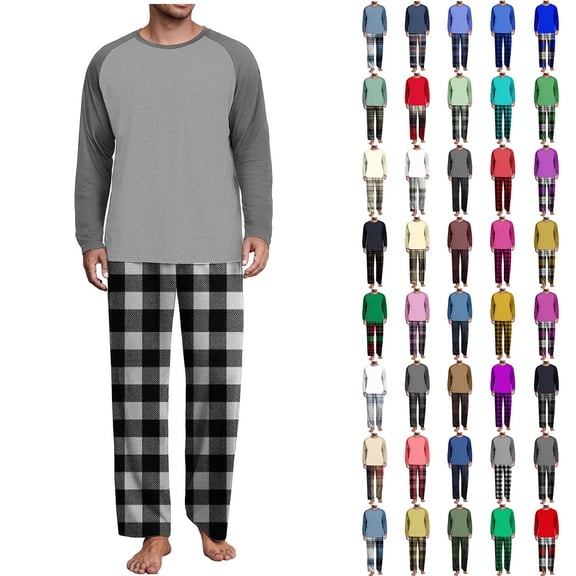Horkkom Mens Pjs Sets Crewneck Long Sleeve Shirts Elastic Waist Plaid Pajama Pants Casual Comfy Men's Sleepwear L