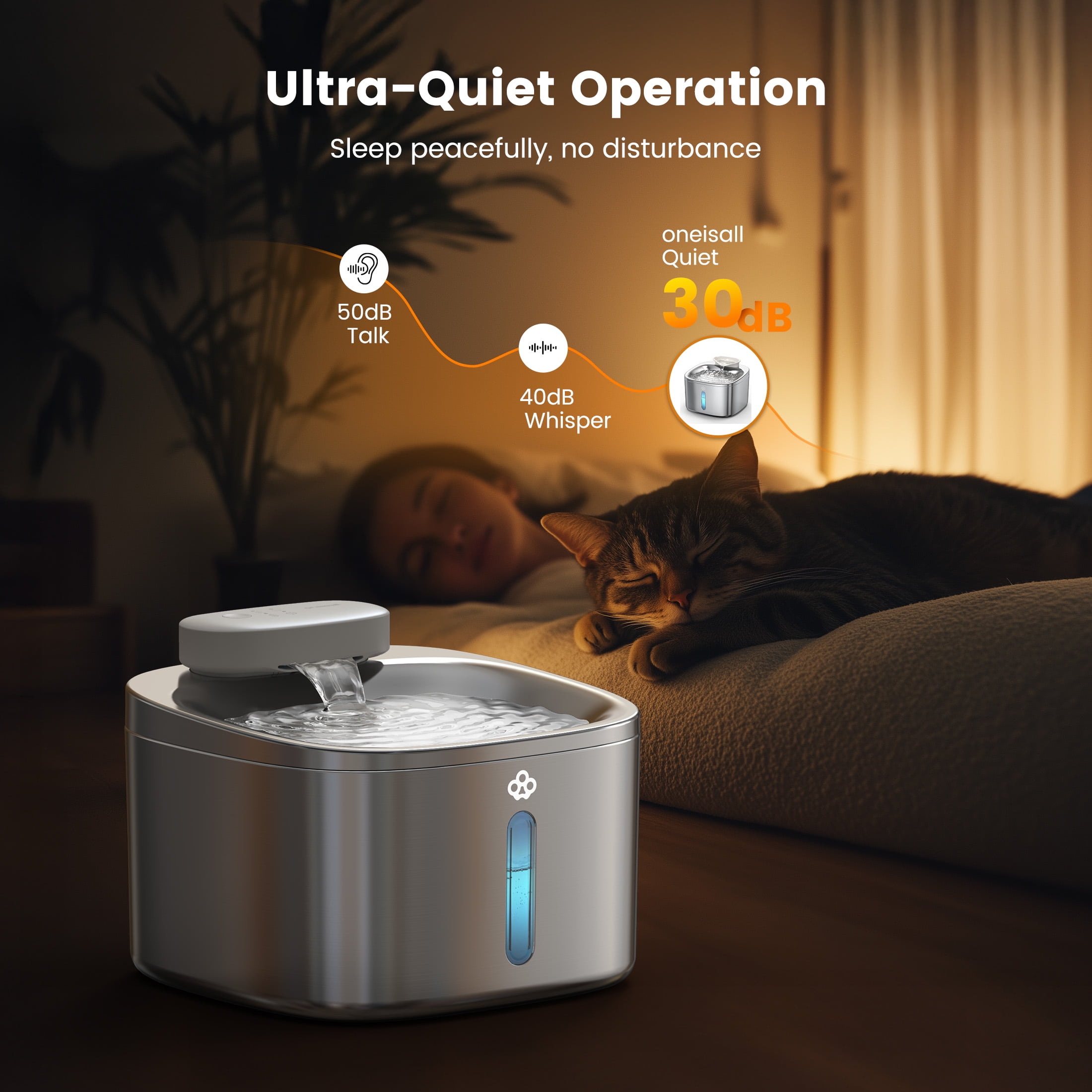 Oneisall CW-01 Wireless Cat Water Fountain 304 Stainless Steel, 3.5L/118oz Cordless Water Fountains for Cats Indoor, Silver