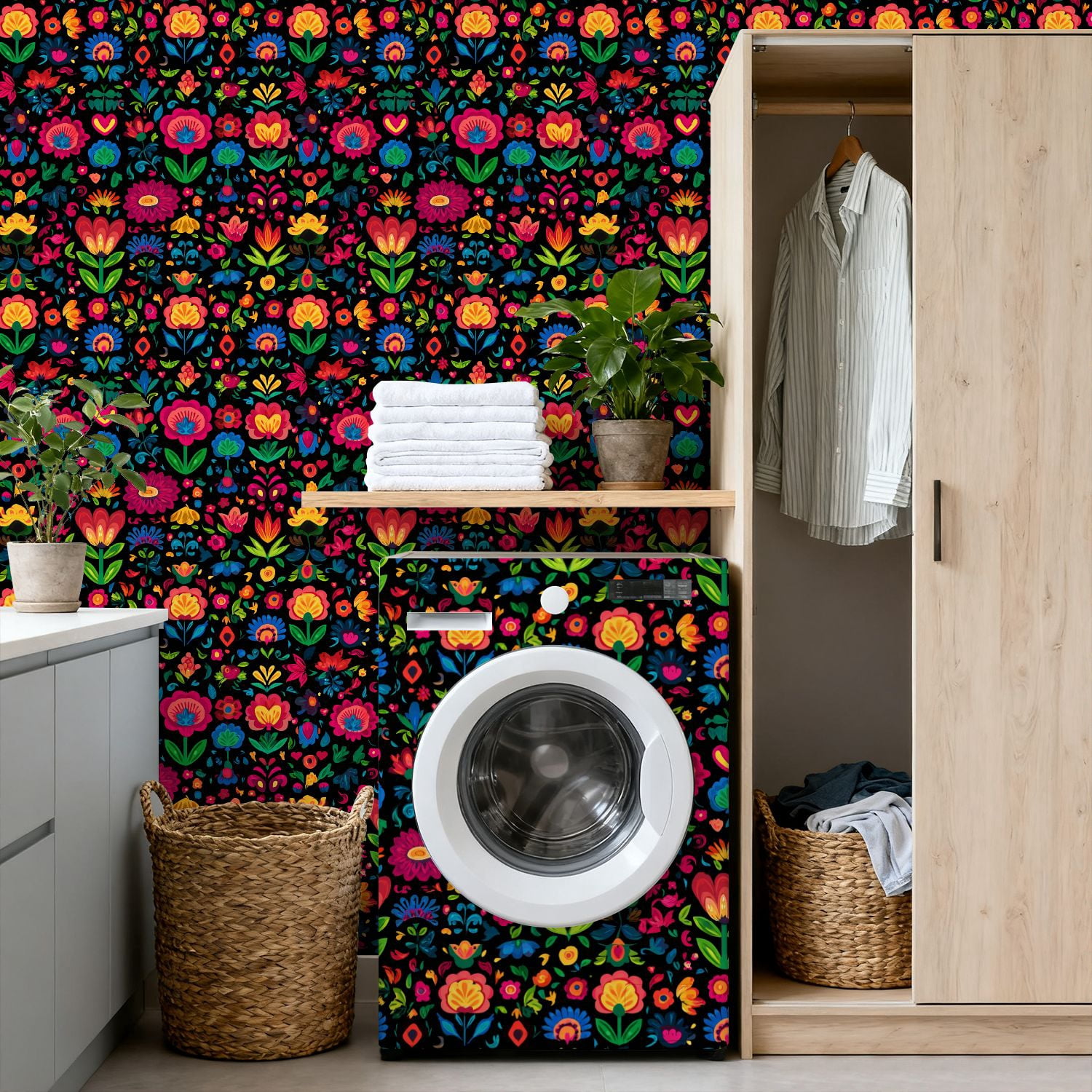 Peel and Stick Wallpaper Colorful Symmetrical Floral Folk Art Bright Flowers Wall Mural 17.7in x 9.8ft Self Adhesive Removable Wall Paper Renter Friendly Wallpaper for Nursery Bedroom Cabinets