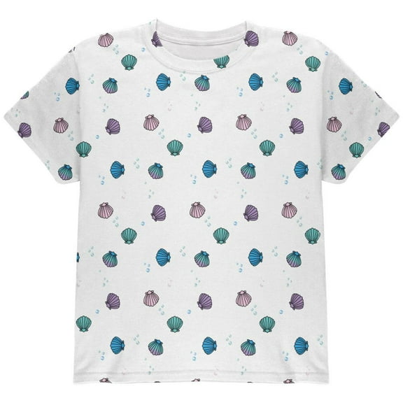 Mermaid Shells Bubbles Pattern White All Over Youth T Shirt Multi YLG