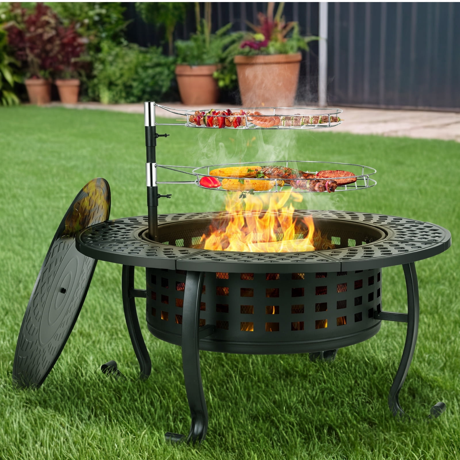 Arlopu Metal Fire Pit for Outside, 37'' Round Fire Pit Patio Wood Burning Fire Pit Table with Cooking BBQ Grills & Lid for Outdoor Camping Picnic Bonfire Party