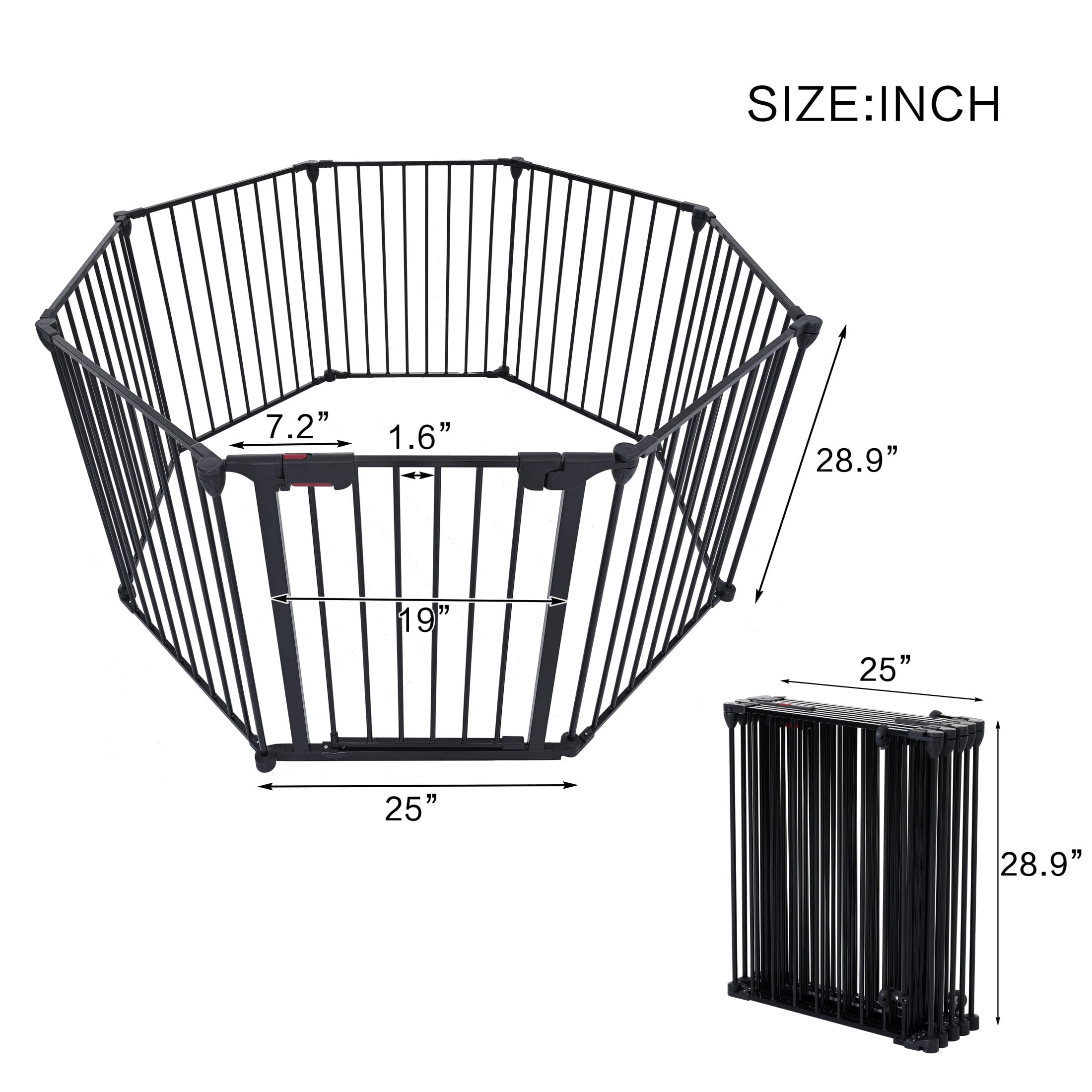 Noble House 200" Adjustable Metal Safety Gate, 8-Panel Play Yard with Walk-Through Door for Pets and Babies, Black