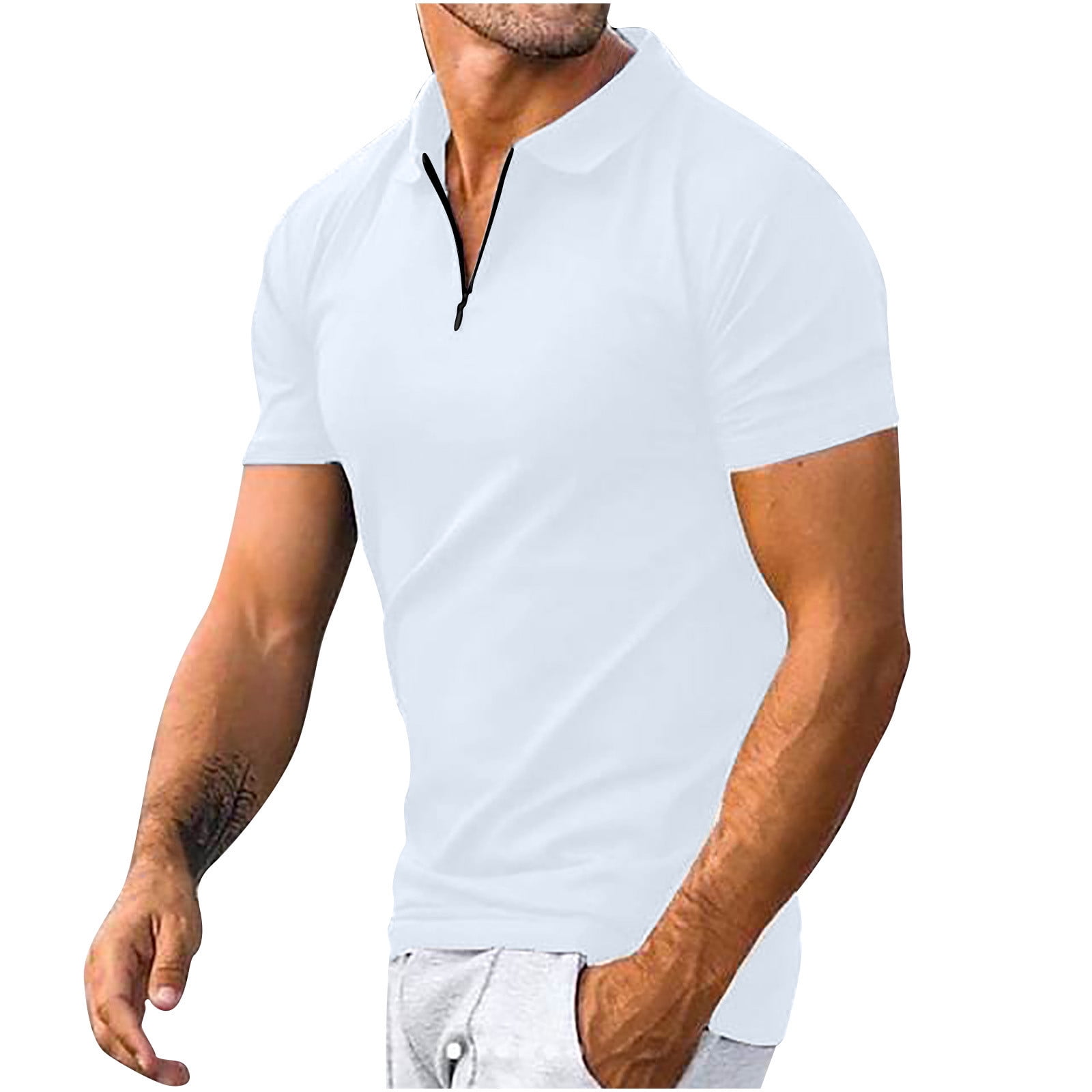 Mens Short Sleeve Polo Shirts Ribbed Quarter-Zip Front Lapel Neck Work  Dress Shirt Tshirt Colorblock Stretch Tee (Large, Beige) 