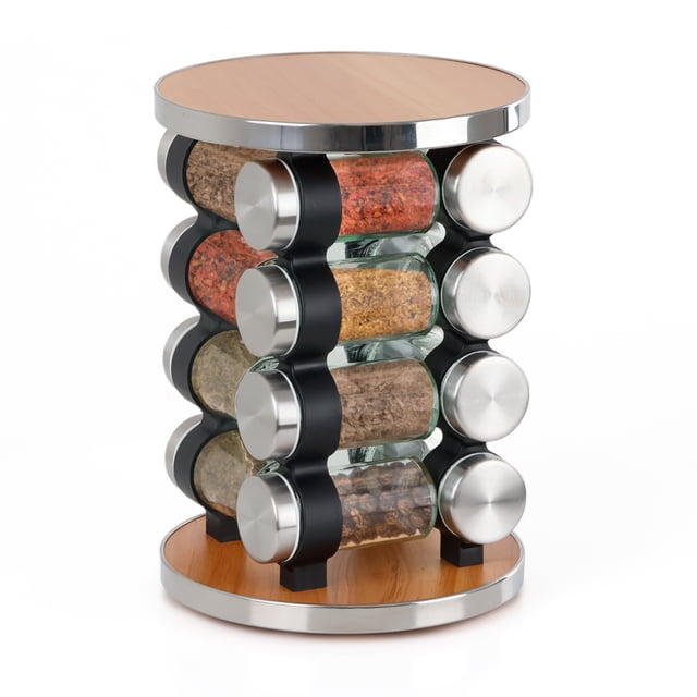 Especiero Giratorio de Acero Inoxidable con 16 Frascos para Especias y Condimentos - Estante Organizador Moderno de Especias