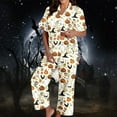 thumbnail image 5 of HOWPAY Halloween Pajamas Women Set Ghost Pumpkin Print Short Sleeve Button down Shirts and Pants Comfort Lounge Set 2 Piece Classic Soft Loungewear Pjs Set Light Yellow M, 5 of 7