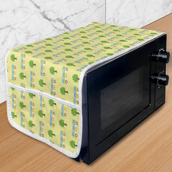 Bus Microwave Oven Cover, Horizontally Arranged Trees and Transportation Vehicles Urban Elements, Water Resistant Organizer with Pockets for Kitchen, 36" x 12", Pale Green Multicolor, by Ambesonne