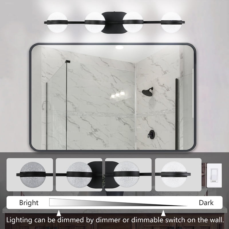 30" Black Minimalist LED Bathroom Vanity Light, 4-Light Wall Mounted Fixture with Crystal Sand Acrylic Shades, Modern Decorative Lighting for Mirror, Sink, and Vanity Area