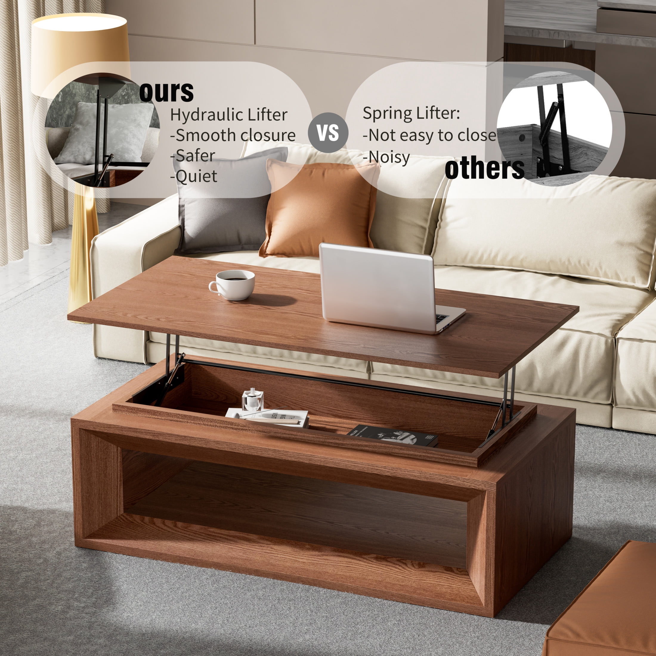 Noble House Fraser 43.3" Modern Lift-Top Coffee Table with Hidden Storage, Adjustable Height for Living Room, Walnut