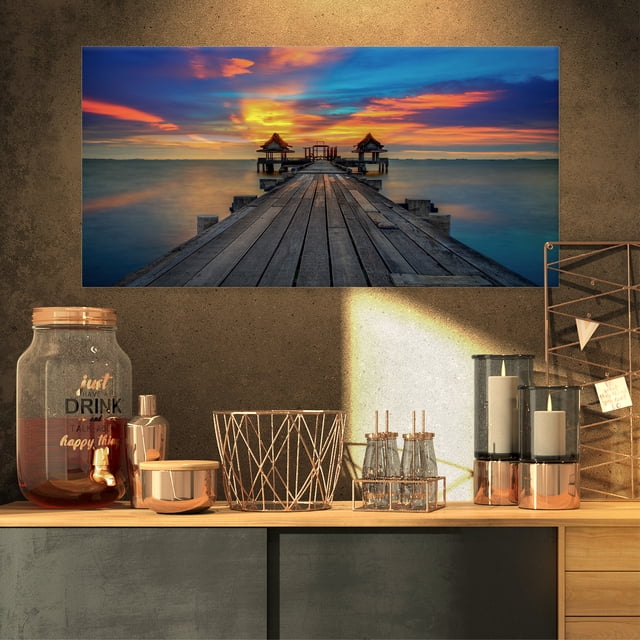 Wide Wooden Bridge into Distant Sun - Pier Seascape Canvas Art Print