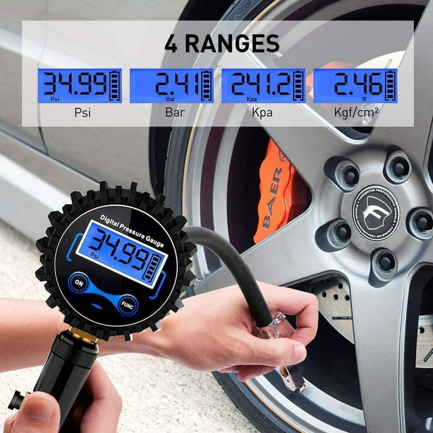 Numérique Manomètre Pneu 250 PSI,Haute Précis Digital Jauge de Pression de  Pneus avec Pistolet Gonflage pour La Voiture Moto Vélos, 2 Piles AAA, écran  LCD 