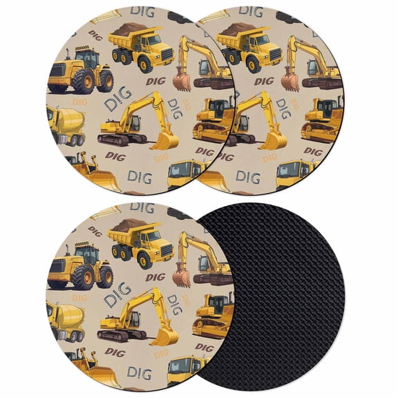 Construction Truck Coasters Set of 4, Absorbent Coasters for Drinks, Cartoon Grips and Bulldozers Beige Coaster for Desk Coffee Table Protection, Home Decor House Warming Gifts 4"