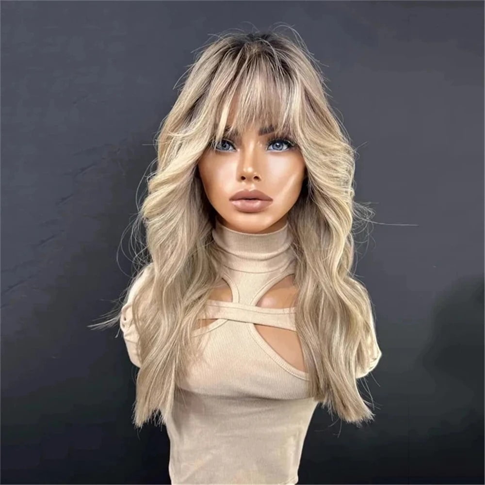 Lace Part Wigs for Women Ombre Ash Honey Blonde Colored Glueless Wigs with Bangs Wig Synthetic