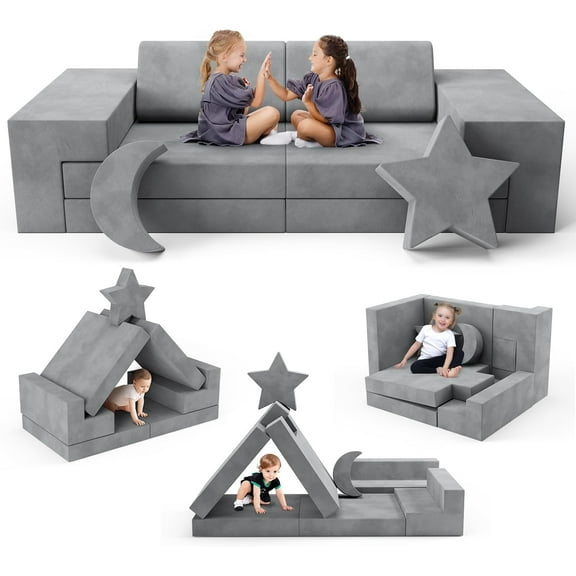 Lischwert Kids Couch, Modular Kids Play Couch, Child Sofa for Girls Boys, Toddler Sectional Sofa with Building Fort, Convertible Foam Playhouse for Baby Indoor Outdoor (9, Grey)