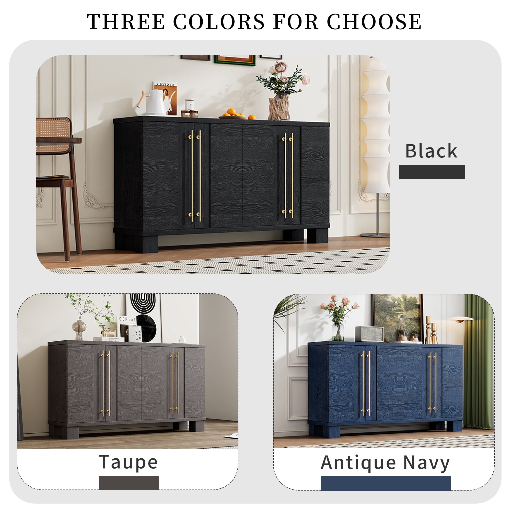 Euroco 60" Sideboard Buffet Cabinet with Storage, Wooden Coffee Bar Cabinet with Gold Handles & Adjustable Shelves for Kitchen, Dining Room and Living Room,Black