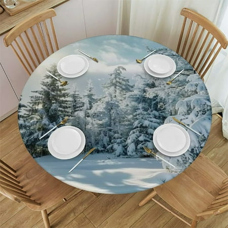 

Patifu Snow Trees Sunbeam Round Table Cover with Elastic Edge Stain Resistant Washable Perfect for Indoor Outdoor Tablecloth Kitchen Dining Wedding Parties 100% Polyester Fiber 42 -46