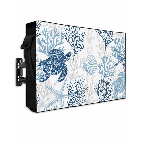 Outdoor TV Cover 70 to 75 Inch Weatherproof, Blue Grey Coastal Beach Waterproof TV Screen Protector for Outside Decor with Zipper and Pocket 68"L x 42"H , Ocean Animals Pattern