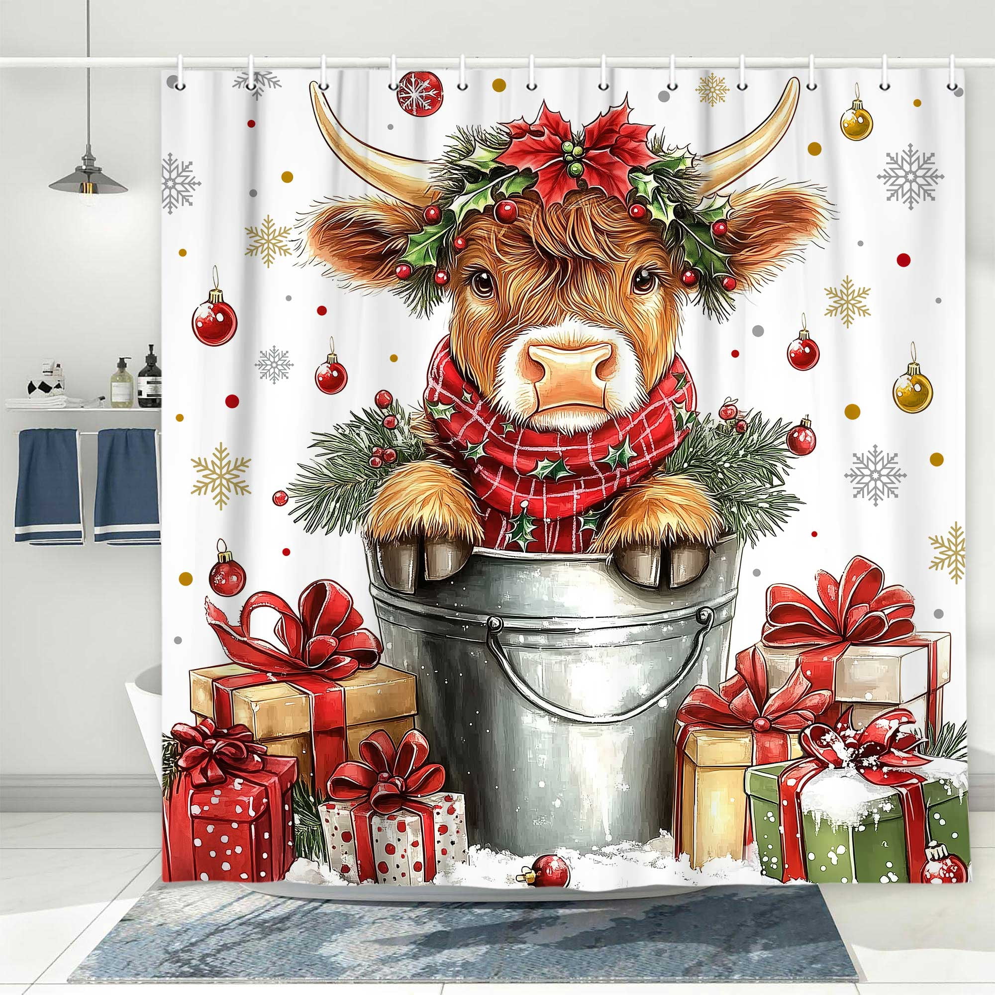 Christmas Cow Shower Curtain, Cute Highland Cow Fabric Snowflake Shower Curtains for Bathroom Decor, farmhouse Winter Holiday Kids Bathroom Accessories, 72 x 72 Inch