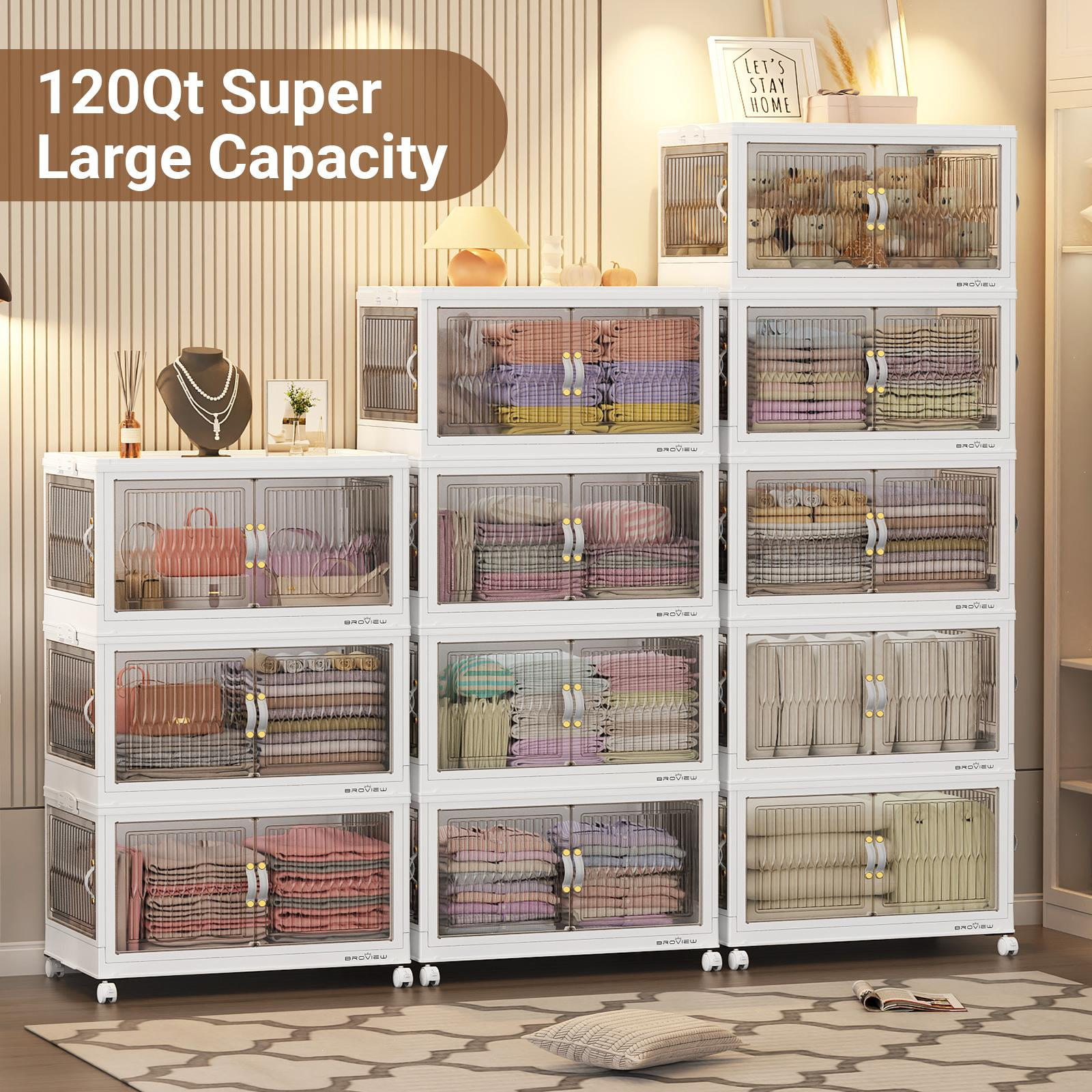 BROVIEW 360QT Large Stackable Storage Bins with Lids and Wheels, Plastic Closet Organizer and Storage Drawer, Collapsible Storage Cabinet with Doors for Home Kitchen, 3Pack White
