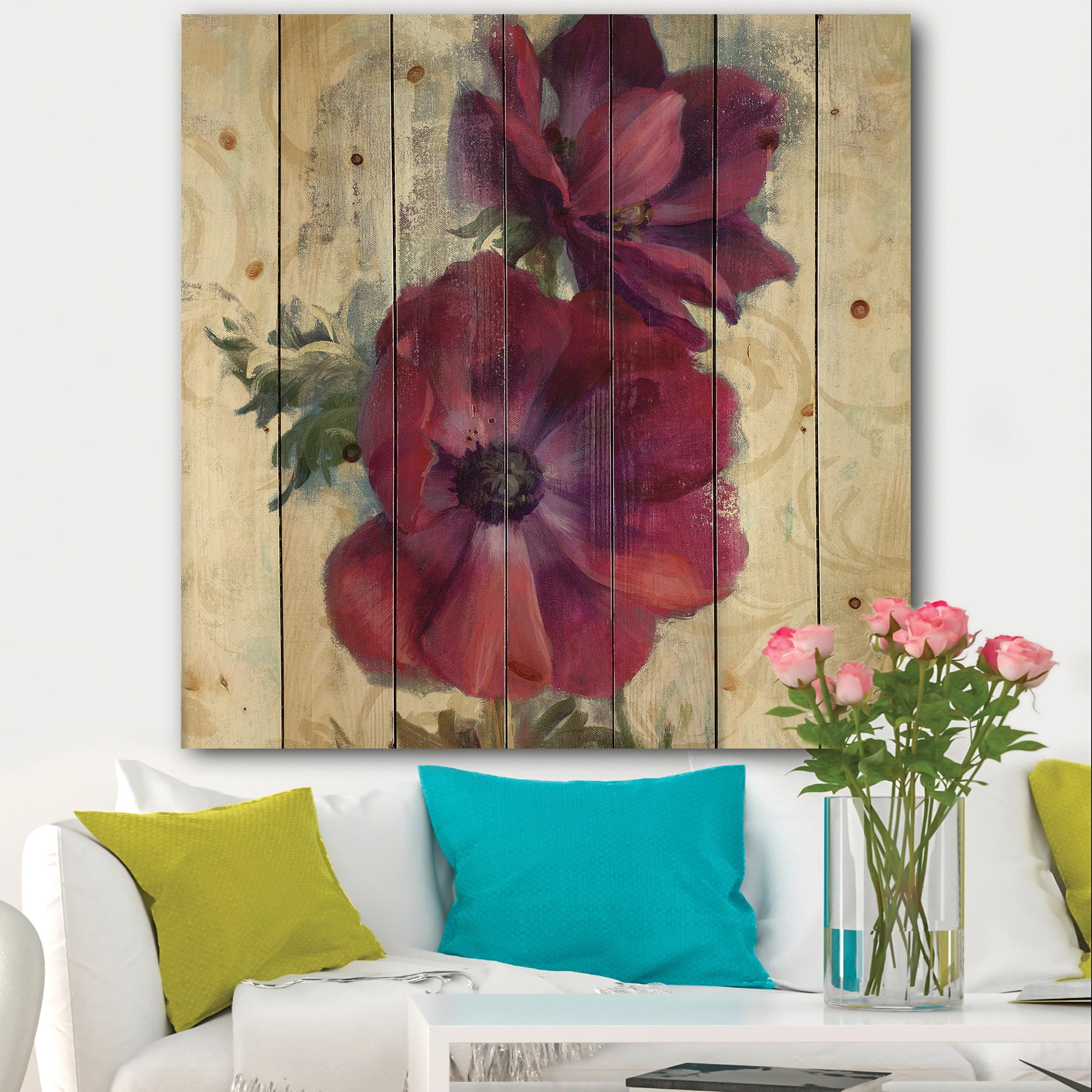 Designart 'Red Anemone Watercolor Flower' Floral Farmhouse Print on Natural Pine Wood