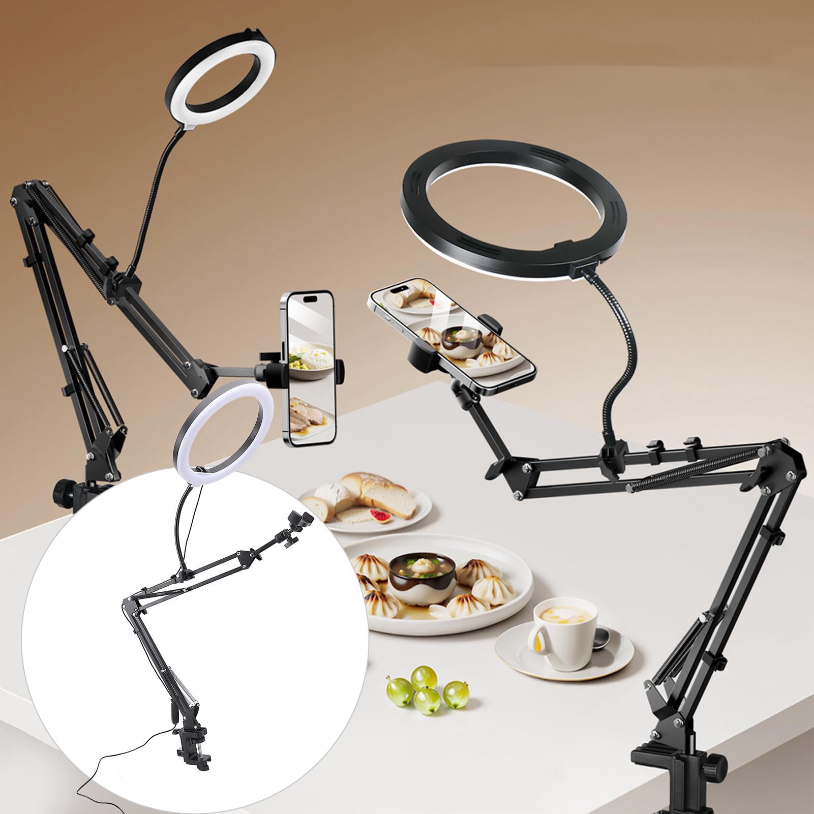 Riousery Clamp Ring Light Over Head Desktop Stand with Phone Holder Dimmable LED for Live Streaming Makeup Crafting Video Recording Max 4.5cm Thickness 14.96 inches / 38 cm Arm