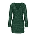 thumbnail image 4 of Sparkly Sequins Formal Dress for Women Long Sleeve Deep V Neck Ruched Mini Dress Cocktail Party Trendy Dress Black,XL, 4 of 6