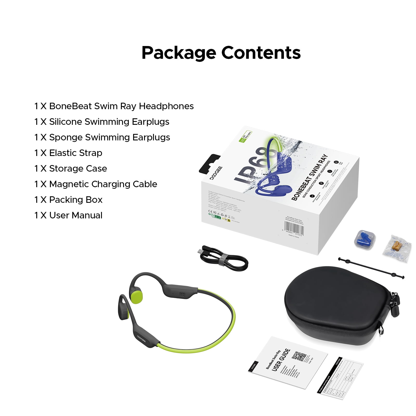 DOOGEE Bone Conduction Swimming Headphones, IP68 Waterproof Open Ear Headphones with 32GB MP3 Player, Bluetooth Audio and LED Safety Light