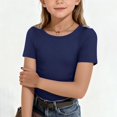 thumbnail image 3 of Dwellite Short Sleeve Shirts for Girls Crewneck T-Shirts Summer Tops Basic Tees 3-14 Years Navy 130, 3 of 8
