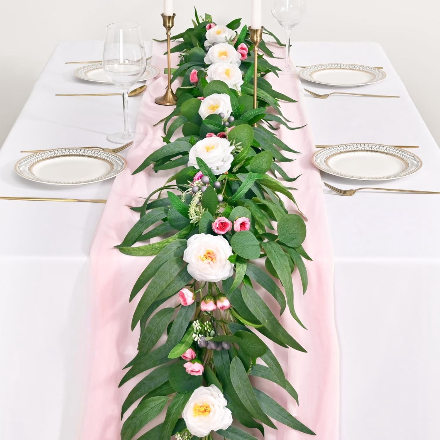 Lyacmy 12Ft Artificial Rose Flower Garland Greenery, Fake Silk Camellia Rose Vine Hanging Rose for Wedding Party Mantle Backdrop Room Decor