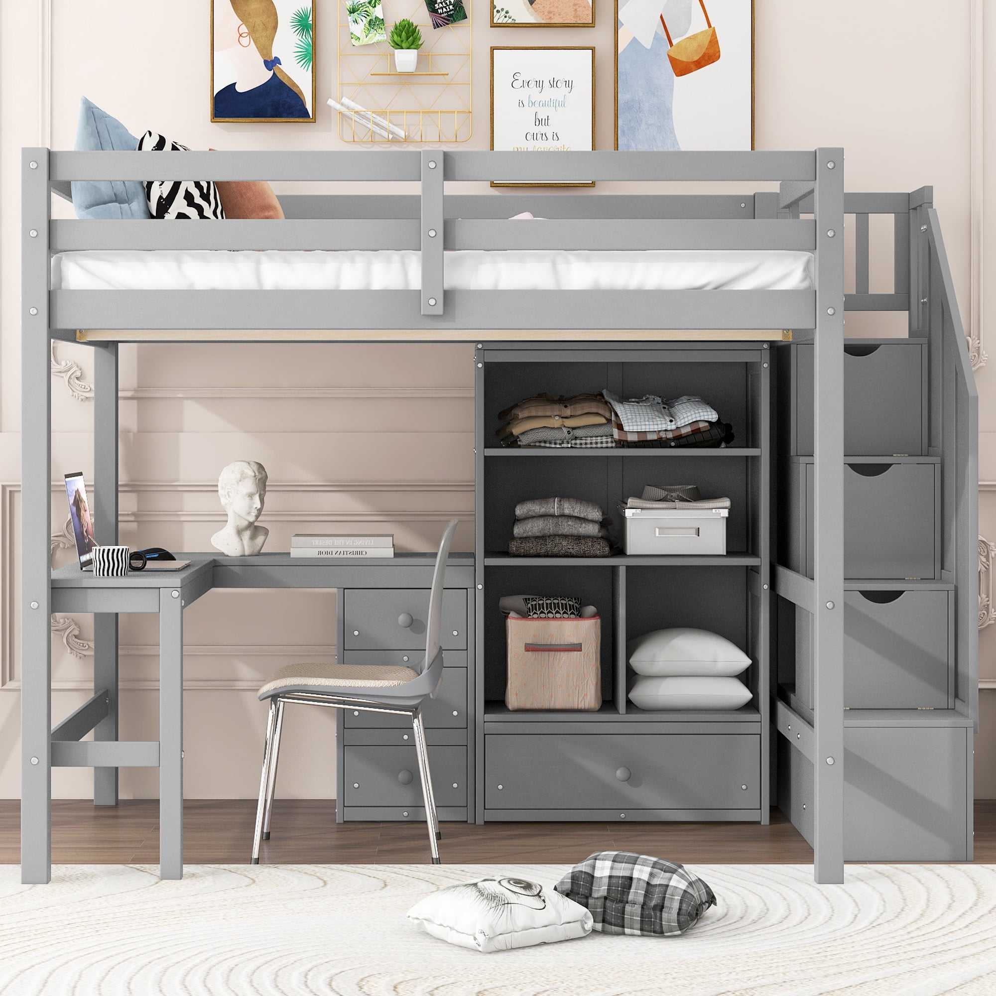 Euroco Full Size Pine Wood Loft Bed with Desk and Cabinets for Kids Teens Room, Storage Staircase Shelf, Gray