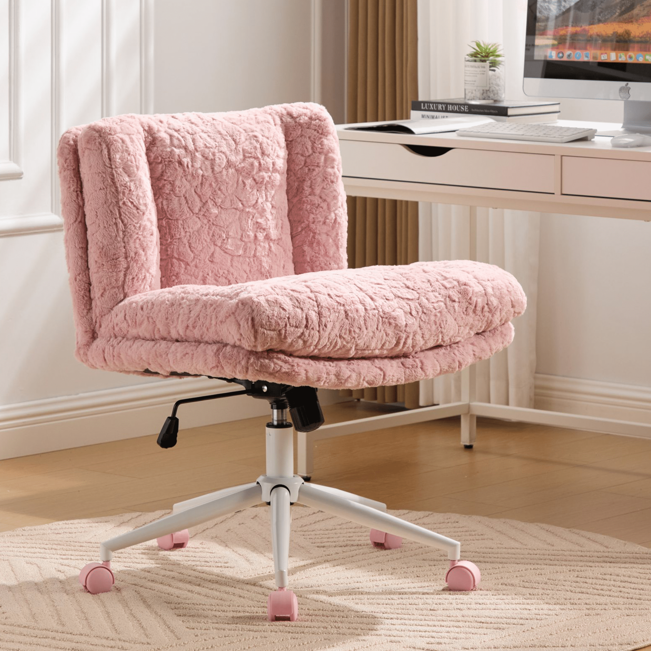 SESSLIFE 26.4 inch Wider Seat Office Chair, Artificial Rabbit Hair Home Office Chair with Metal Base, Adjustable Desk Chair Swivel Office Chair, Vanity Chair(Pink)