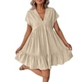 thumbnail image 2 of ClodeEU Women's V Neck Ruffled Short Sleeve Babydoll Dress,Casual Flowy Tiered Mini Dress Beige,Women's Plus L, 2 of 8