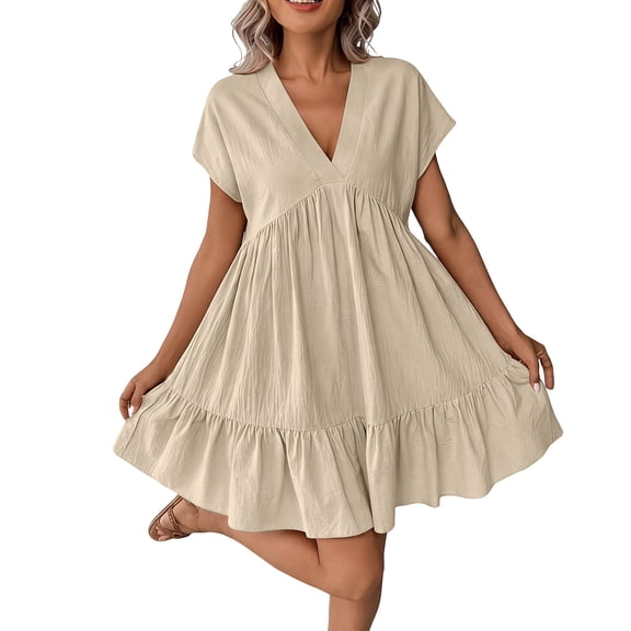 Iyufng Summer Dresses for Women Short Sleeve V Neck Ruffle Hem Mini Dresses Fashion Casual Solid Vacation Sundress