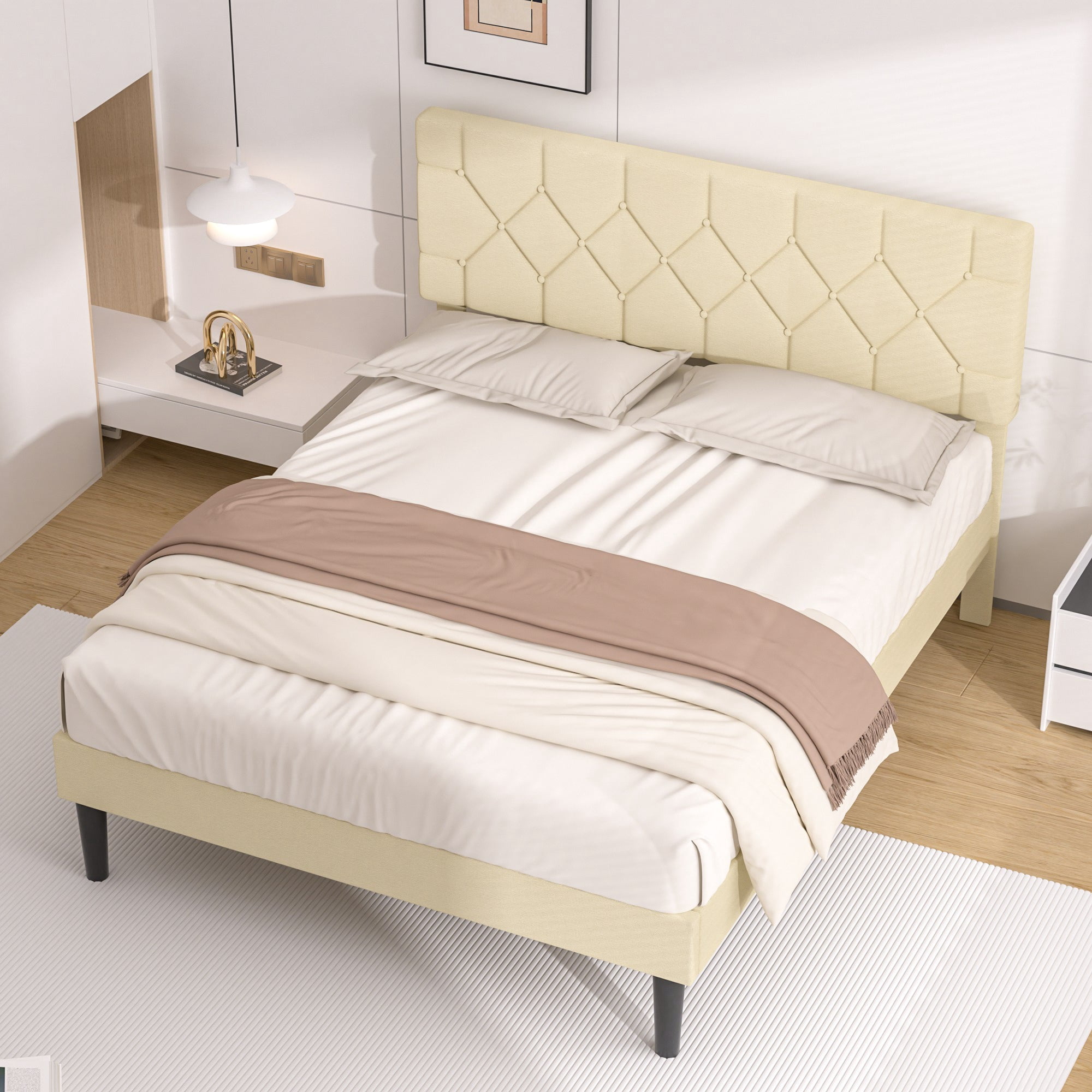 Javlergo Queen Size Bed Frame with Button Tufted Headboard, Upholstered Platform Bedframe with Wood Slat Support, No Box Spring Needed, Beige