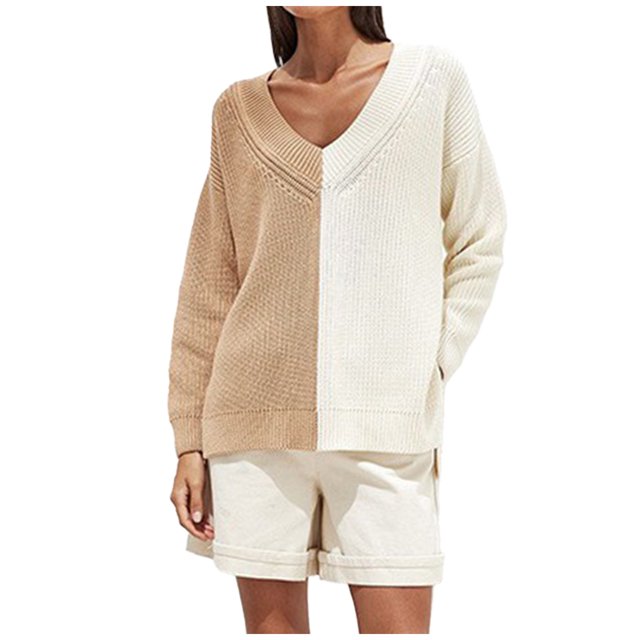 Yuyuzo Fall Sweaters for Women Ribble Knit Jumper Tops Long Sleeve V Neck Solid Color Patchwork Pullover Blouse