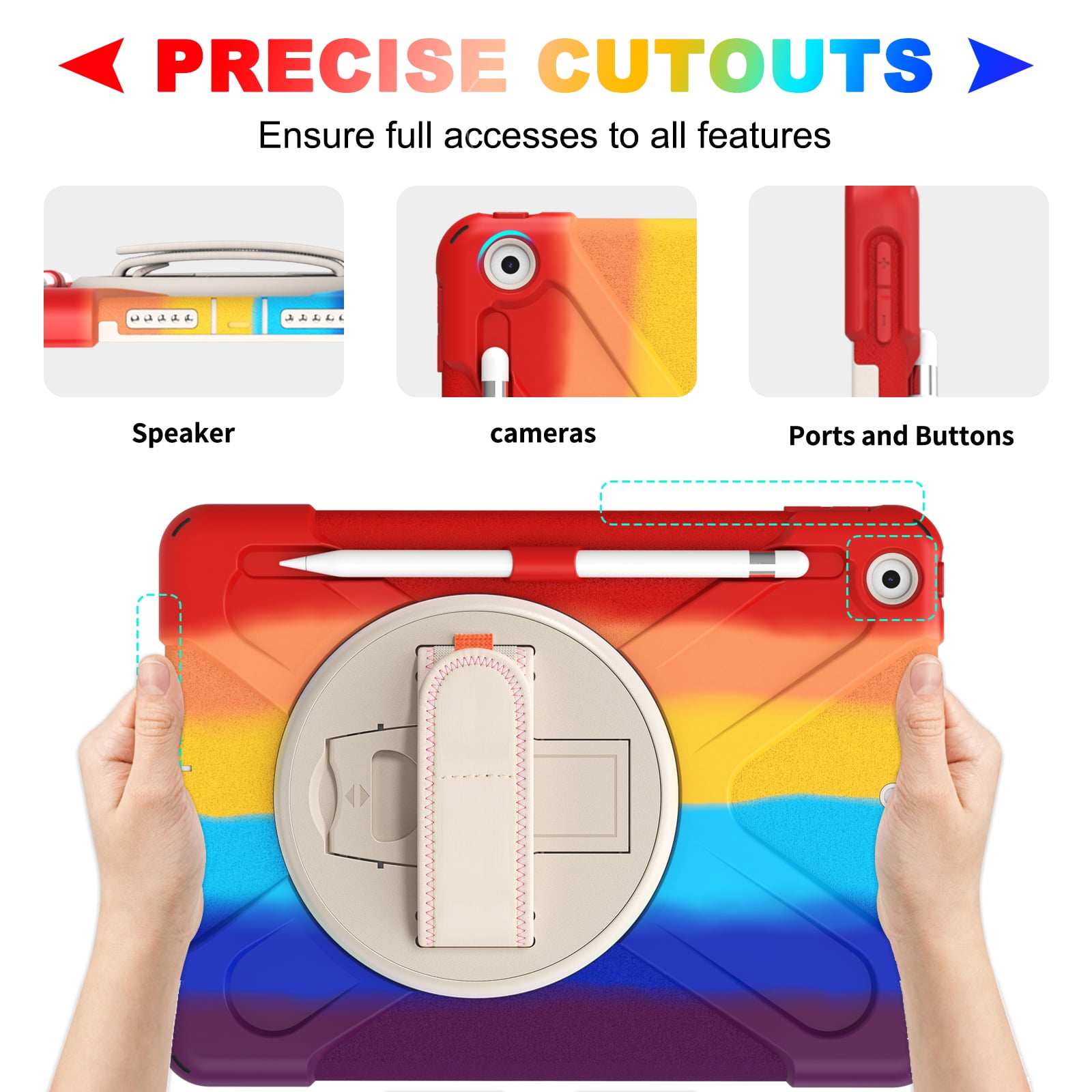 iPad 6th/5th Generation Case Kids, iPad 9.7 Case with Pencil Holder, Heavy Duty Shockproof Protective Rugged iPad 9.7 Case with Stand/Hand Strap for iPad Air 9.7-inch 2018/2017 - Rainbow Red