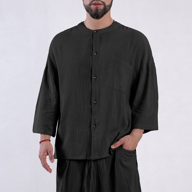 AherBiu Chemises en Lin pour Hommes Manches Longues Col Rond Boutonné Chemise Ample Décontractée T-Shirts de Plage