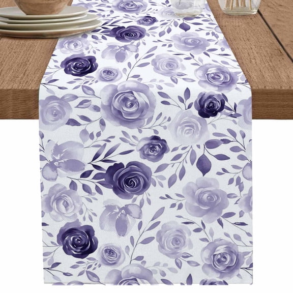 nqOlkjepod Purple Flowers Table Runner 72 Inches Long Farmhouse Dress Scarves, Watercolor Farmhouse Botanical Floral Leaf Dining Tablerunner for Coffee Table/Kitchen Island/Party Décor, 13" x 72"