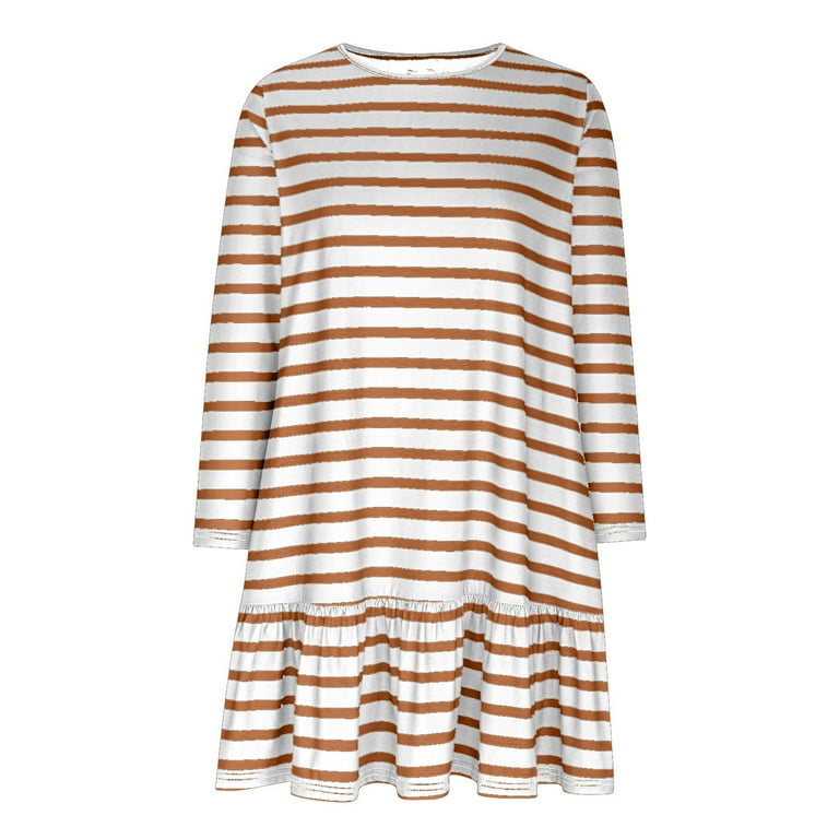 Xunlbb Dresses for Women Fall Winter Striped Oversized Crew Neck Long Sleeve Loose Fashion Casual Flowy Cute Bump Friendly Midi Dresses with Pockets