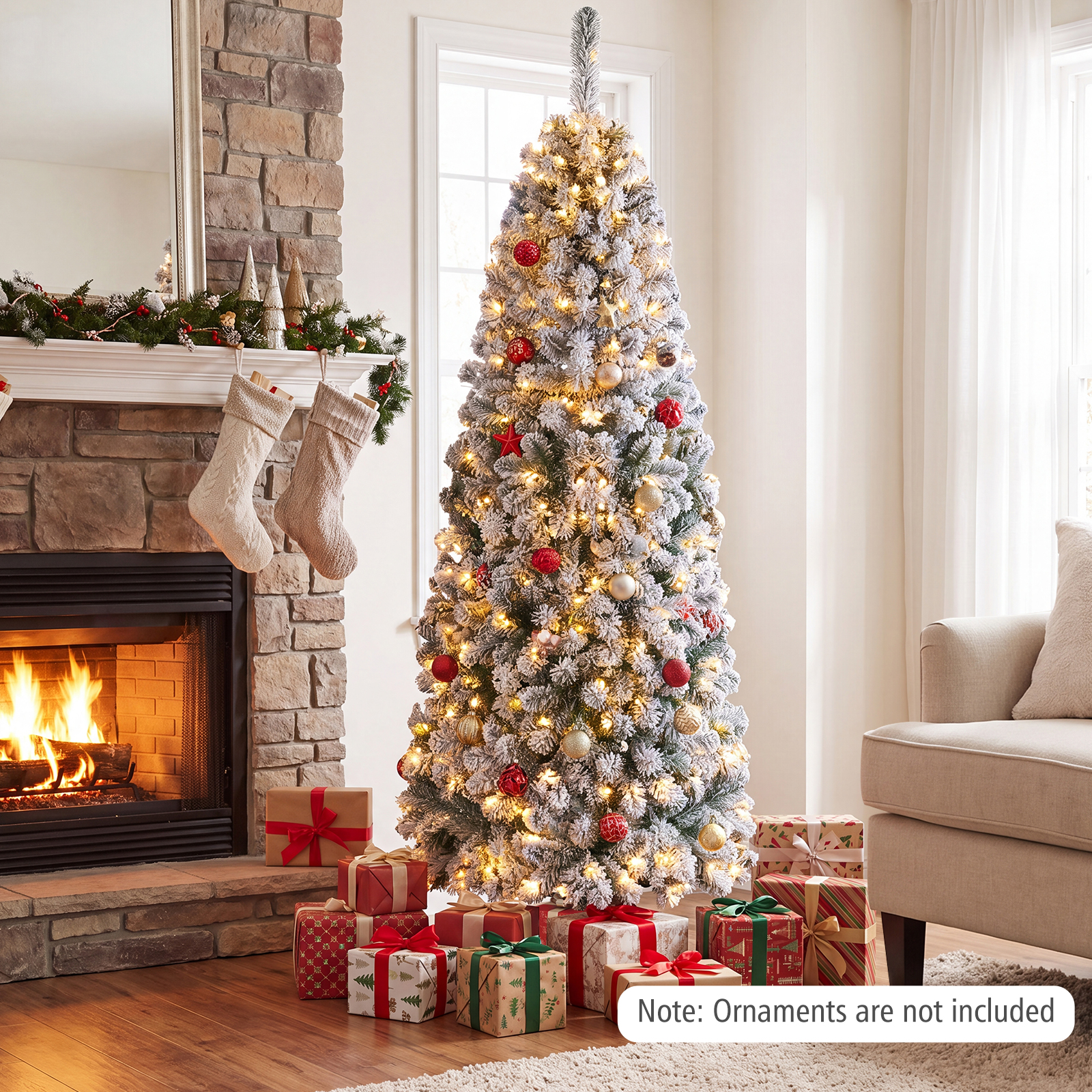Costway 6ft Pre-Lit Snow Flocked Pencil Christmas Tree, White