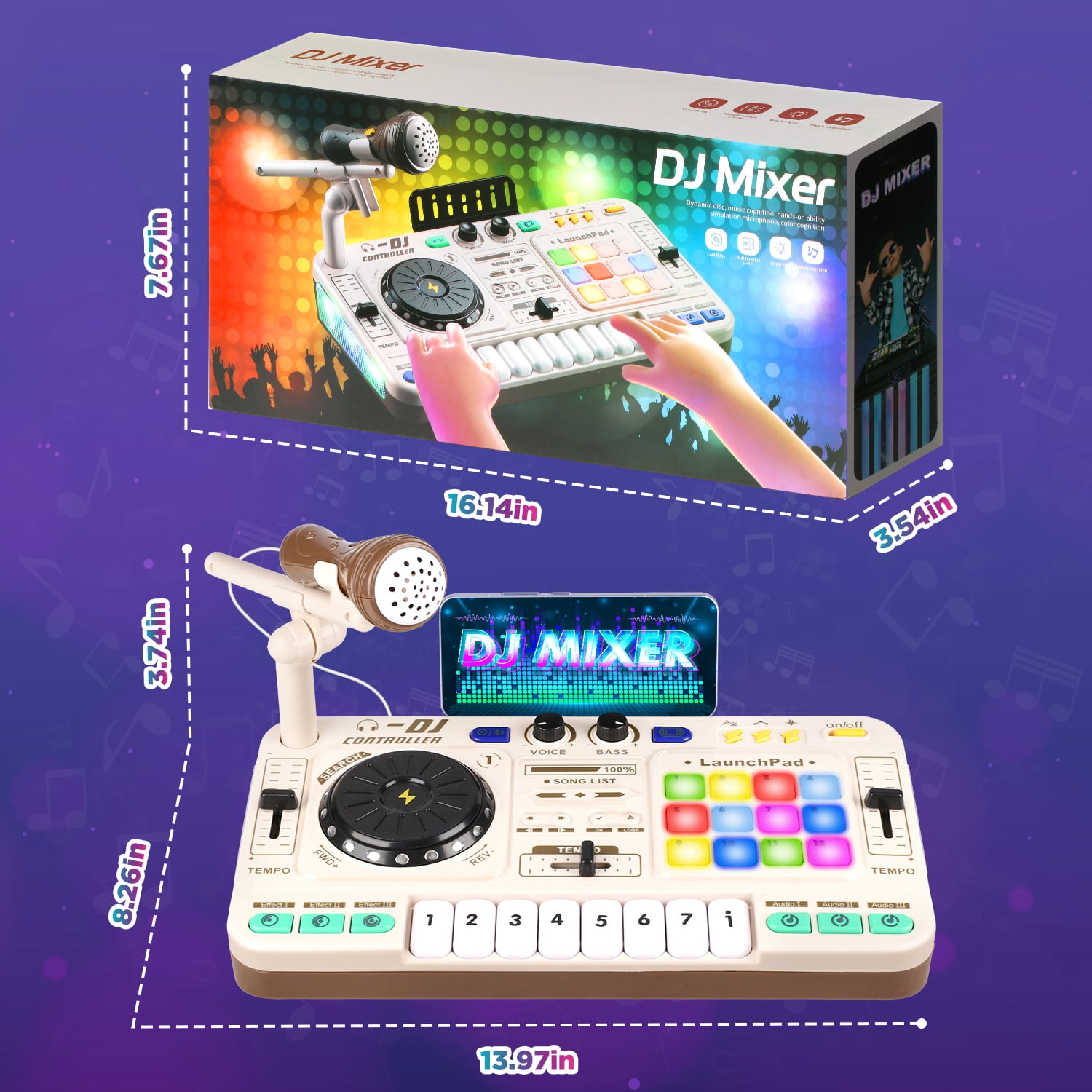 Carsky DJ Mixer Turntable Toy with Bluetooth, Lights & Mic – Music Activity Toy for Kids with Beat Effects, Sound Pads & Record Function Musical Gift for Kids 5-7, 8-12+(White )