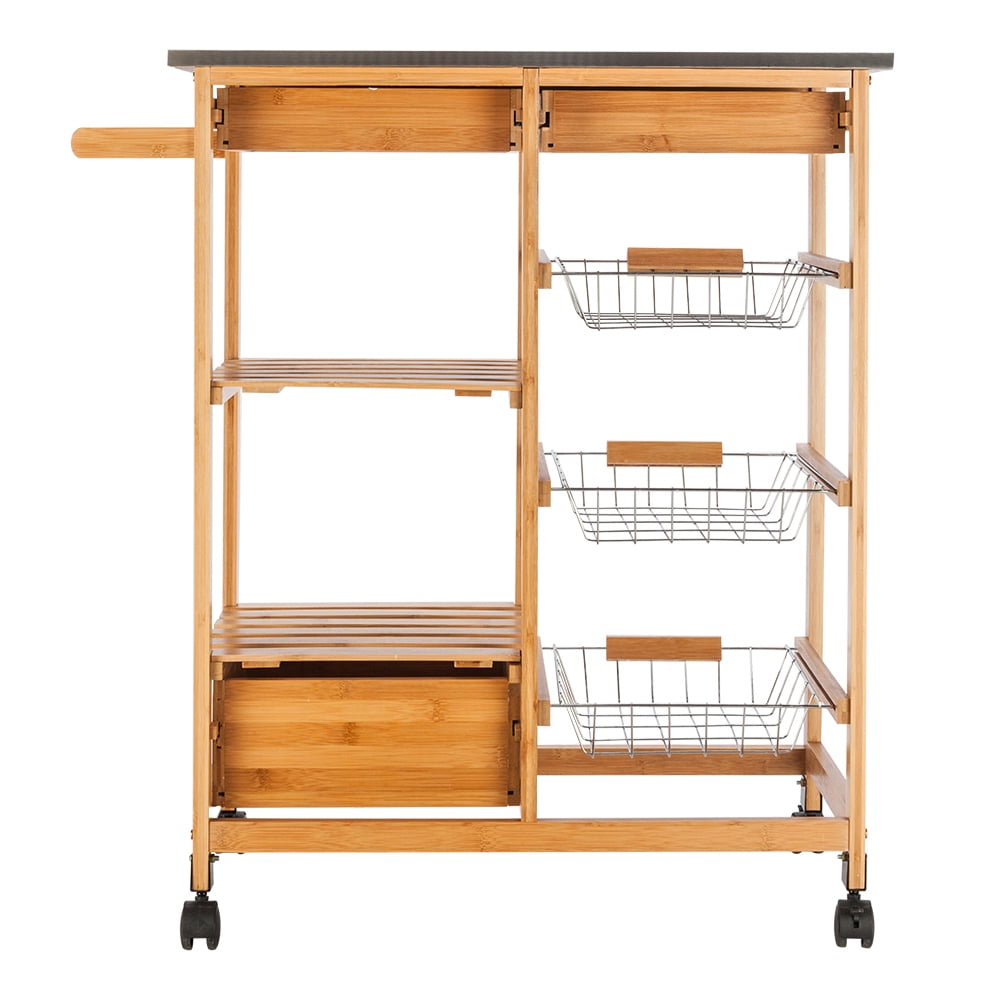 Clearance! Rolling Kitchen Cart Set, Moveable Kitchen Cart with Two Drawers & Two Wine Racks & Three Baskets, Burlywood