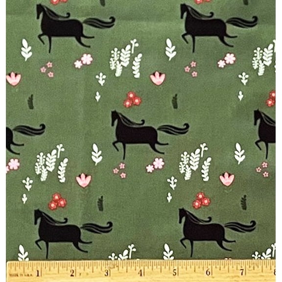 1 Fat Quarter - Black Horses & Wild Flowers on Dark Green Cotton Fabric - 21" X 18"