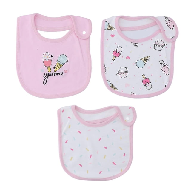 Cotton Baby Bibs with Snap Closure, Newborn Absorbent Towel, Cartoon Pattern, 3 Pcs, Ice Cream