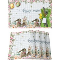 Rabbits Flowers Easter Placemats Set of 6, Eucalyptus Leaf Spring Heat Resistant Washable Dining Table Mats Grey White Buffalo Plaid Farmhouse Holiday Decor for Kitchen&Table Linens Outdoor Indoor