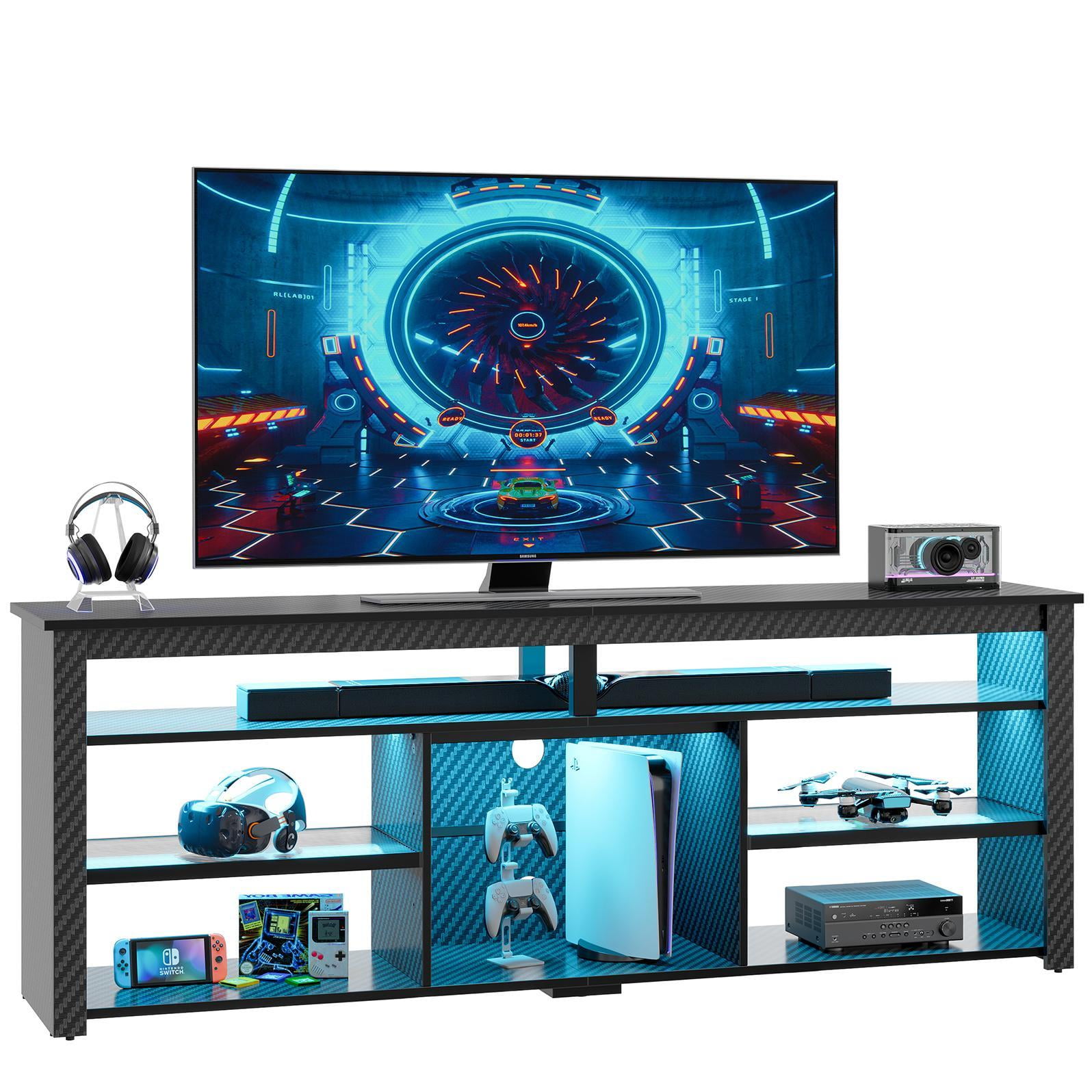 Bestier LED TV Stand for 75" TVs,Gaming Entertainment Center for PS5,Modern TV Stand for Living Room,Tall TV Stand with Storage Shelves,Carbon Fiber Black