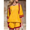 thumbnail image 6 of Women Color Block Off Shoulder Short Sleeve Top and Drawstring Shorts 2 Piece Outfit Set Yellow XXL, 6 of 9
