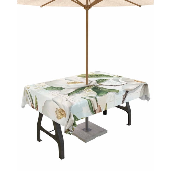 Outdoor Tablecloth with Umbrella Hole for Patio/Picnic/Party/Camping, Flowers Leaves Waterproof Table Cloth Rectangle Table Cover Washable, Country Botanical White Floral Branch 54"x 80"