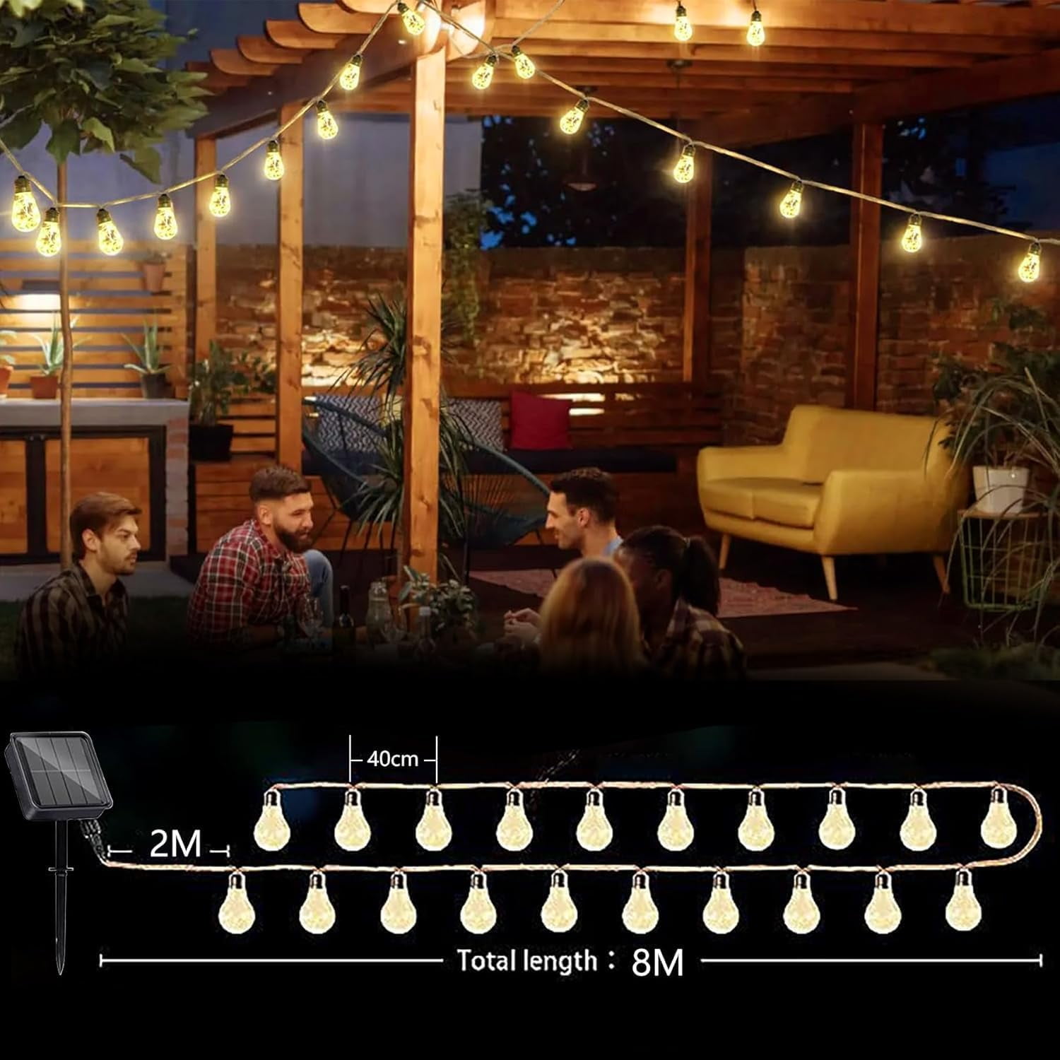 Solar Fairy Lights Outdoor, 26FT/8M 16 Bulb Vintage Hemp Rope String Lights, 8 Modes, IP65 Waterproof, Solar String Lights for Garden Yard Balcony Wedding Party(Warm White)