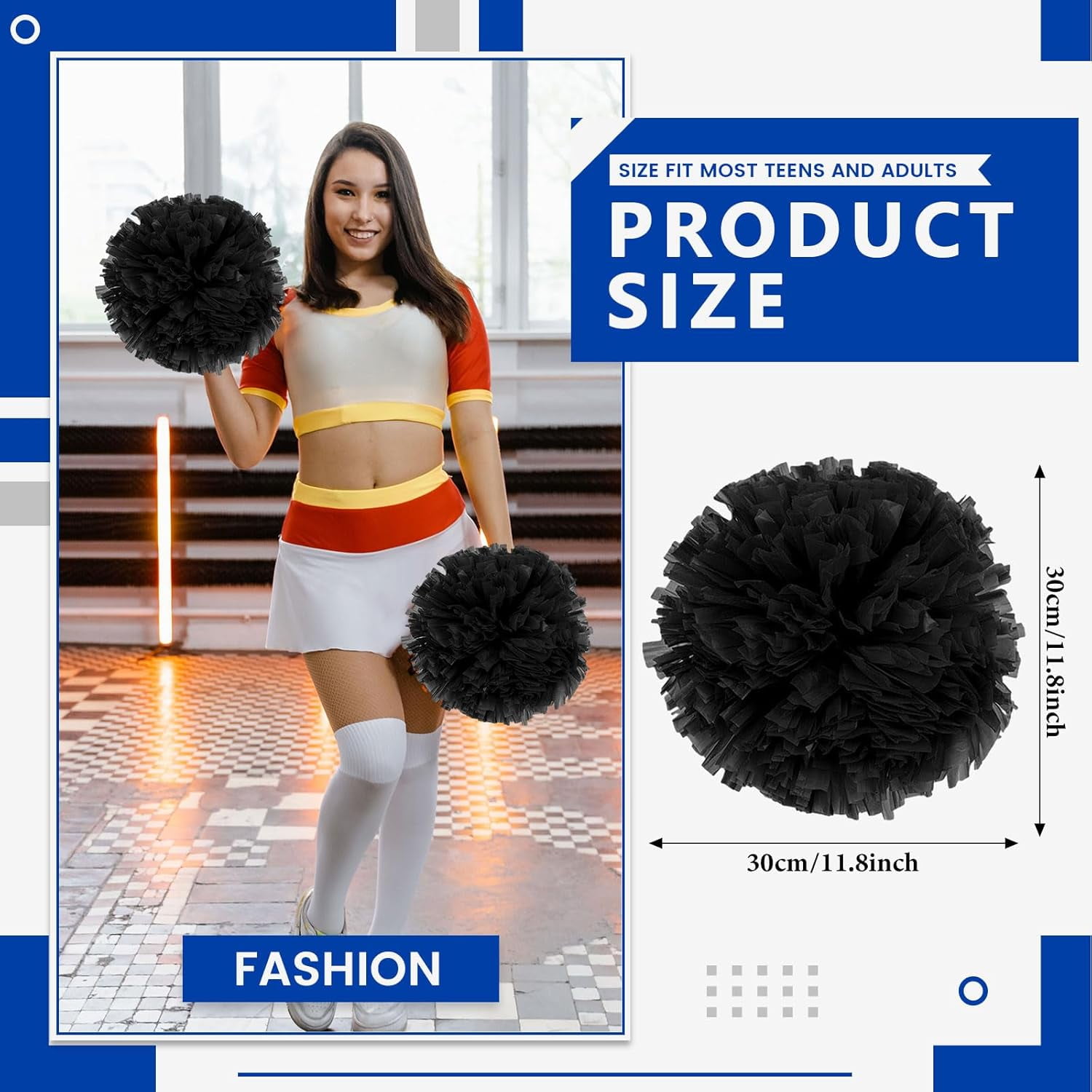 Cheerleader Pom Poms 24 Pack Sports Dance Cheering Plastic Metallic Cheerleading Pom Poms for Kids Adults-Ring Style